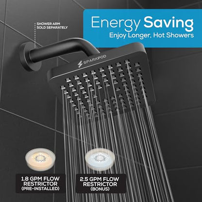 SparkPod Rain Shower Head, 6 Inch Square, Midnight Black Matte Finish | High Pressure Shower Heads, 90 Nozzles, Adjustable Showerhead, No Tools Needed, Universal Connection - color: Midnight Black Matte, style: 6 Inch Square