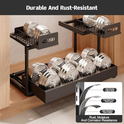 Expandable under cabinet organizer, 2-Tier under sink organizer with Reinforced Ball-Bearing slide rail, Slide-Out sink Shelf Height Adjustable, Durable and rust-proof for Kitchen & Bathroom