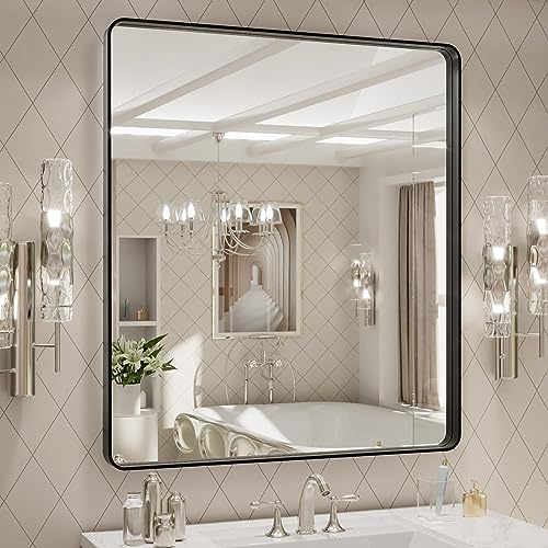 LOAAO 32x36 Inch Black Bathroom Mirror Metal Framed | Matte Black, Rounded Rectangle, Anti-Rust, Tempered Glass, Hangs Horizontally or Vertically, Wall-Mounted - color: Black, size: 32"L x 36"W