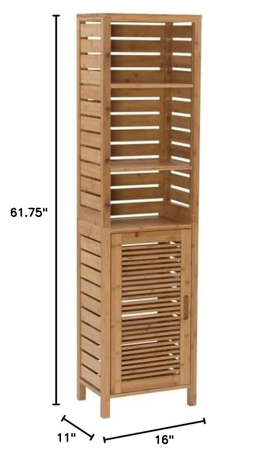 Tall Bamboo Cabinet, 6-Shelf Tower with Door, Natural Brown Finish, 61.75" H x 16.13" W x 11" D, Sturdy Linen Storage Organizer, Versatile Design for Bathroom or Home Use