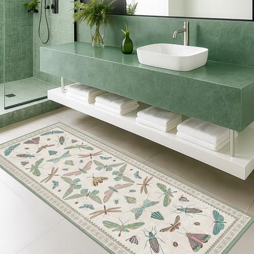 Hazo Haus Washable Non Slip Bathroom Runner Rug 2x5, Insect Boho Bath Mat, Stain Resistant Low Pile Butterfly Insect Print Rugs for Laundry Room, Powder Room, Beige Green - color: Beige Green, size: 2' x 5' (Runner)
