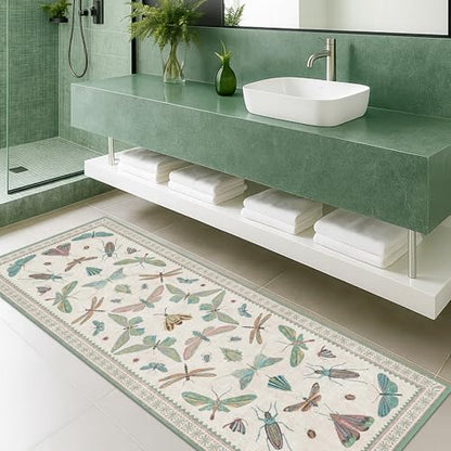 Hazo Haus Washable Non Slip Bathroom Runner Rug 2x5, Insect Boho Bath Mat, Stain Resistant Low Pile Butterfly Insect Print Rugs for Laundry Room, Powder Room, Beige Green - color: Beige Green, size: 2' x 5' (Runner)