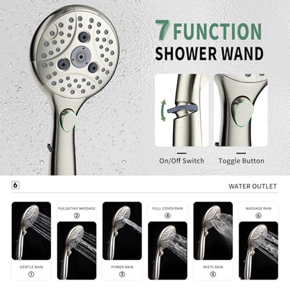SunCleanse Brushed Nickel 8.5'' Shower System w/Handheld & Valve Kit | 2-IN-1 Shower Faucet Set, 7-setting Handheld Shower Head, Rough-in Pressure-balanced Valve and Trim Kit