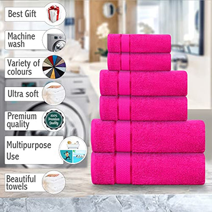 6 Piece Cotton Bath Towel Set -2 Bath 2 Hand 2 Face, Hot Pink | 100% Cotton • Thick & Plush • Hotel Quality • Ultra Soft • Highly Absorbent • Quick Dry • Low Lint • Machine Washable - color: Hot Pink