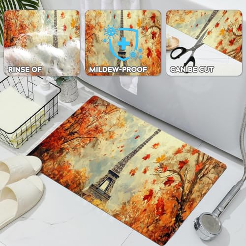 Bathroom Runner Mat Rugs Long,Eiffel Tower Maple Leaf Autumn pattern Diatomite Stone Bath Mat Large Absorbent Diatomaceous Earth Mat Non Slip Fast Dry Shower Mat Bathroom Rugs Floor Mat 16x42in - color: Design08