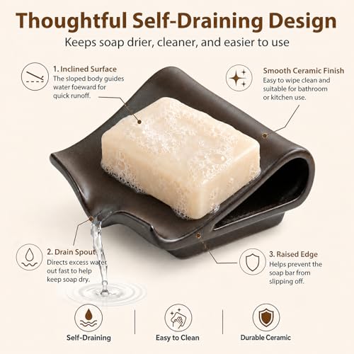 Zoeeker Soap Dish with Drainage, Ceramic Self-Draining Bar Soap Holder | Waterfall Design Soap Drying Tray for Bathroom, Kitchen, Sink, Soap Saver Keep Dry, Extends Soap Life, Black-Brown Glaze - color: Dark Brown