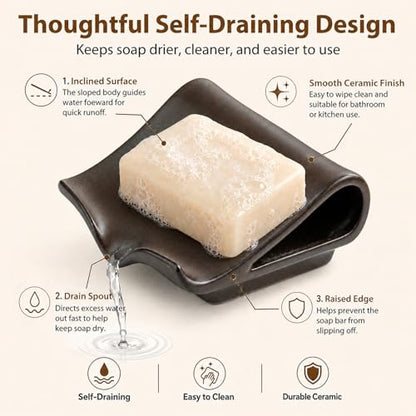 Zoeeker Soap Dish with Drainage, Ceramic Self-Draining Bar Soap Holder | Waterfall Design Soap Drying Tray for Bathroom, Kitchen, Sink, Soap Saver Keep Dry, Extends Soap Life, Black-Brown Glaze - color: Dark Brown