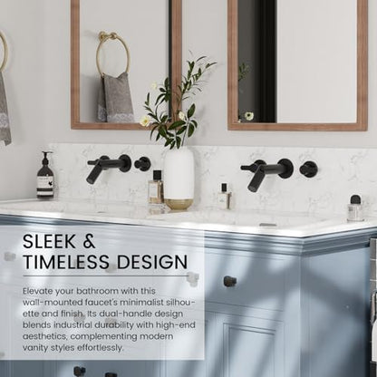 Wall Mount Bathroom Faucet Matte Black,Solid Brass Wall Mounted Sink Faucet,Widespread 3 Holes 2 Lever Handles Lavatory Vessel Sink Mixer Tap with Foldable Spout - color: Matte Black