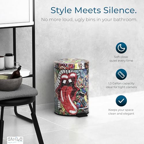 Sanilo Small Bathroom Trash Can with Lid [1.3 Gallon] - Lidded Tiny Trashcan for Garbage - Mini Metal Bin with Soft Closing Mechanism - Bath Room Accessoire Wastebin with Inner Bucket (Graffiti) - color: Graffiti