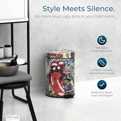 Sanilo Small Bathroom Trash Can with Lid [1.3 Gallon] - Lidded Tiny Trashcan for Garbage - Mini Metal Bin with Soft Closing Mechanism - Bath Room Accessoire Wastebin with Inner Bucket (Graffiti) - color: Graffiti