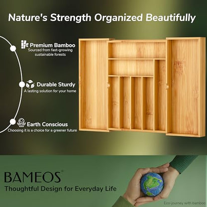 BAMEOS drawer organizer flatware organizer cutlery tray silverware organizer expandable adjustable bamboo drawer organizer kitchen bathroom - size: 2''H 22X16