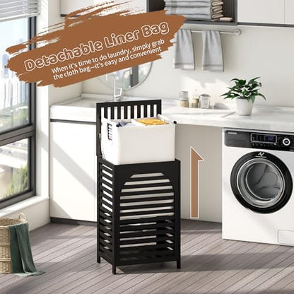 Laundry Hamper with Lid (16.9 * 13 * 26.5inches) Large Bamboo Laundry Bin Basket 85L Clothes Hamper with 1 Removable Bag Storage baskets for Bathroom(Black) - color: Black