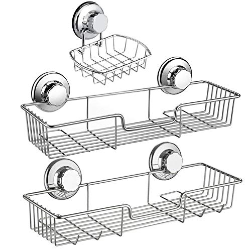 3in1 Suction Cup Shower Caddy Bath Wall Shelf + Soap Dish Holder for Large Shampoo Shower Gel Holder Bathroom Storage - Rustproof Stainless Steel