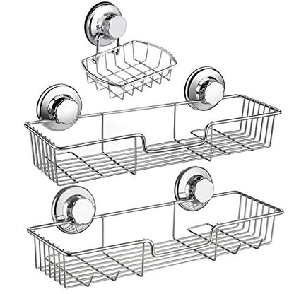 3in1 Suction Cup Shower Caddy Bath Wall Shelf + Soap Dish Holder for Large Shampoo Shower Gel Holder Bathroom Storage - Rustproof Stainless Steel