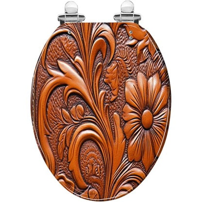 Elongated Resin Toilet Seat, Quietly Close Quick Release Hinges Cover | Toilet Lid Cover Easy to Clean and Install, Hand Tooled Leather Heavy Duty Toilet Seat - color: pattern4, size: V-shape