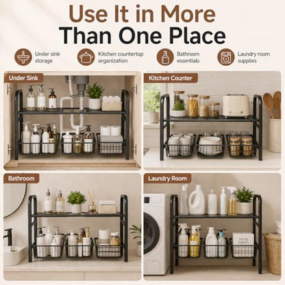 2 Tier Expandable Under Sink Organizer, 26.8 to 35.8 Inches Wide Carbon Steel Rack, Heavy Duty Storage for Double Sink Cabinet, P-Trap and Disposal Friendly (White)