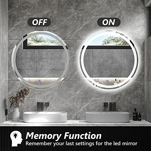 TATU 24 Inch LED Round Lighted Mirror, Bathroom Backlit Vanity Mirror Wall Mounted with 3000K/4000K/6000K Adjustable, Anti-Fog, Smart Touch Button, Stepless Dimmable Lighted Makeup Mirror - size: 24"L x 24"W