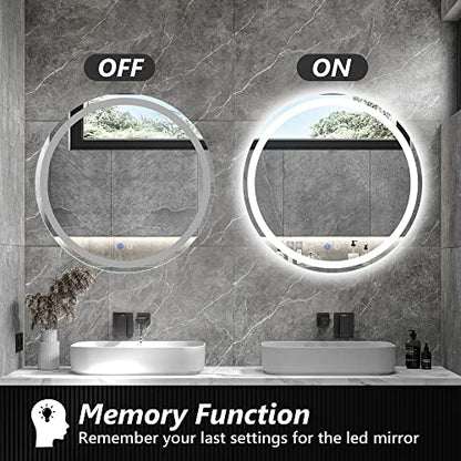 TATU 24 Inch LED Round Lighted Mirror, Bathroom Backlit Vanity Mirror Wall Mounted with 3000K/4000K/6000K Adjustable, Anti-Fog, Smart Touch Button, Stepless Dimmable Lighted Makeup Mirror - size: 24"L x 24"W