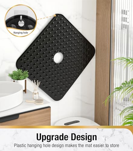 HITSLAM Square Shower Mat, Non Slip PVC Stall Mat, 24"x24", Black | Power Grip Suction Cups, Center Drain Hole, Built-In Hanging Holes, Machine Washable Bathroom Floor Mat, Soft On Feet - color: Smoked Black
