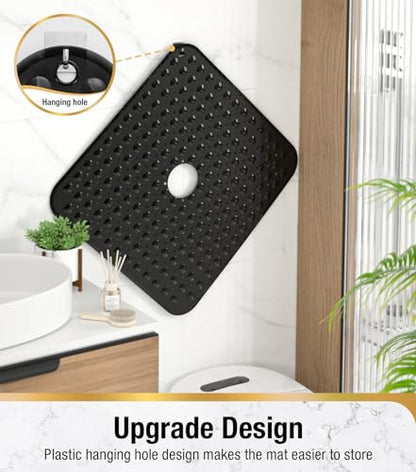 HITSLAM Square Shower Mat, Non Slip PVC Stall Mat, 24"x24", Black | Power Grip Suction Cups, Center Drain Hole, Built-In Hanging Holes, Machine Washable Bathroom Floor Mat, Soft On Feet - color: Smoked Black