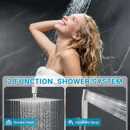 10" Square Ceiling Rain Shower Faucet Set, Brushed Nickel | Anti-scald cartridge, air tech boosts pressure 30%, dual spray, NPT 1/2 - color: Brush Nickel, style: 10''-Ceiling Mount