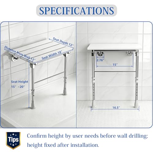 Folding Shower Seat Wall Mounted with Support Legs for Seniors, 350 lbs (White WPC) - color: White Wpc