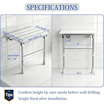 Folding Shower Seat Wall Mounted with Support Legs for Seniors, 350 lbs (White WPC) - color: White Wpc