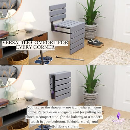 Folding Wall Mounted Teak Wood Shower Seat with Backrest, Water Resistant Foldable Bathroom Stool with Legs, Premium Materials Handmade Shoe Changing Bench, Space Saving and Super Safe Chair (Gray) - color: Gray