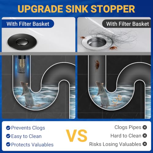 Bathroom Sink Drain Strainer, Pop-Up Bathroom Sink Stopper with Removable Stainless Steel Hair Catcher Basket, Universal Fit for US Bathroom Sinks, Showers & Floor Drains (1pcs-Black) - color: 1pcs-black