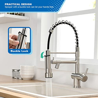 VFAUOSIT Commercial Kitchen Faucet with Pull Down Sprayer, Brushed Nickel | Dual Outlets, Tilted Pot Filler, 360° Rotation, cUPC/CEC Certified, Fingerprint-Resistant Finish, 500,000-Cycle Valve - color: Brushed Nickel-02