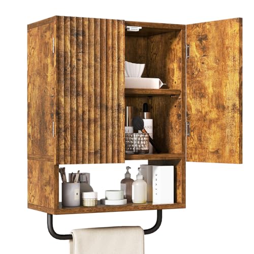 IBUYKE Bathroom Wall Cabinet Over Toilet Cabinet for Bathroom UWBS003H | with Doors and Adjustable Shelf, Towel Bar, Wall Mounted, for Laundry Room & Living Room Kitchen,Brown,Modern - color: Brown