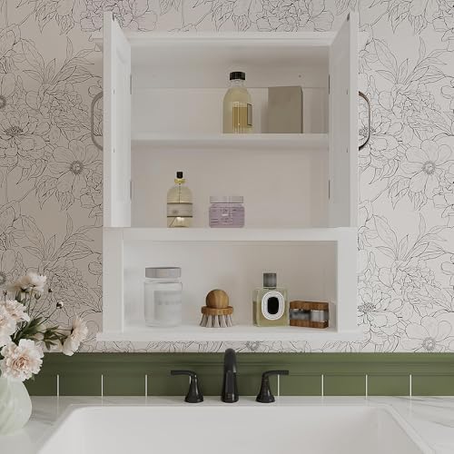 ChooChoo Wood Bathroom Wall Cabinet with Door, White Medicine Cabinet | Rustic Over The Toilet Storage Cabinet, Adjustable Shelf, Open & Concealed Storage, 7.5 x 21.6 x 24 Inches - color: White
