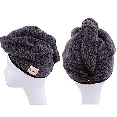 M-bestl 2 Pack Hair Drying Towels, Hair Towel Wrap,Absorbent Microfiber Hair Towel Turban with Button Design to Dry Hair More Quicker(Blue&Dark Gray) - color: Blue&dark Gray