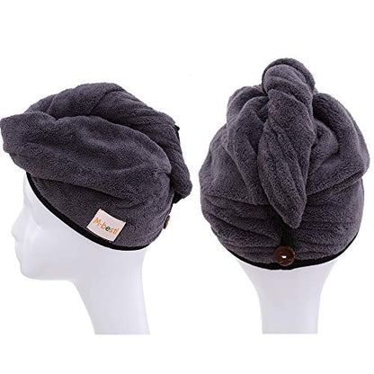 M-bestl 2 Pack Hair Drying Towels, Hair Towel Wrap,Absorbent Microfiber Hair Towel Turban with Button Design to Dry Hair More Quicker(Blue&Dark Gray) - color: Blue&dark Gray