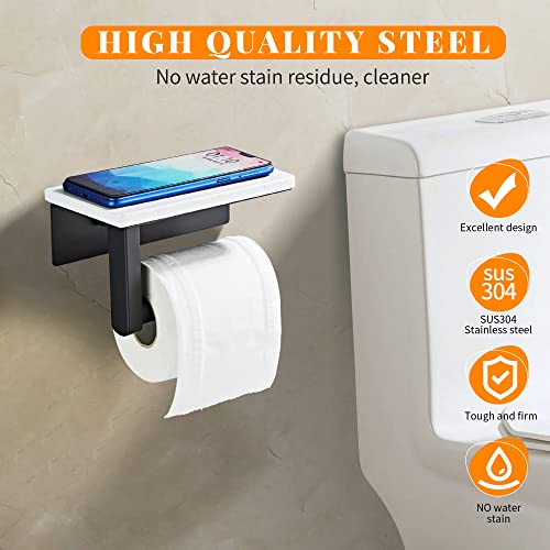 Matte Black Toilet Paper Holder with Marble-Look Shelf, Wall Mounted SUS304 Stainless Steel Toilet Roll Holder with Phone Storage - color: Matte Black