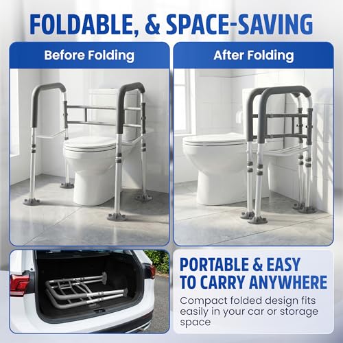 Toilet Safety Rails for Seniors 350lb, Adjustable Height & Width Toilet Bars for Elderly | Foldable Non-Slip Toilet Safety Frame, 4 Suction Cups & 4 Tips, Reinforced 2 C-Clamp – Fits Most Toilets