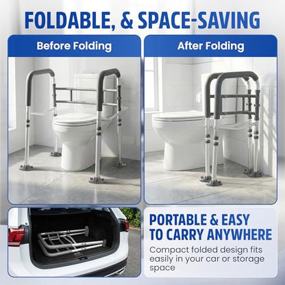 Toilet Safety Rails for Seniors 350lb, Adjustable Height & Width Toilet Bars for Elderly | Foldable Non-Slip Toilet Safety Frame, 4 Suction Cups & 4 Tips, Reinforced 2 C-Clamp – Fits Most Toilets