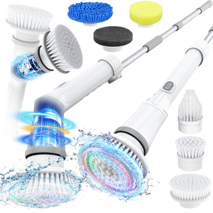 Electric Spin Scrubber, Cordless Shower Spin Scrubber with 6 Replacement Brush Heads & Adjustable Extension Arm, 2H Bathroom Scrubber Dual Speed, Power Spin Scrubber for Bathroom Car Floor Grout Sink