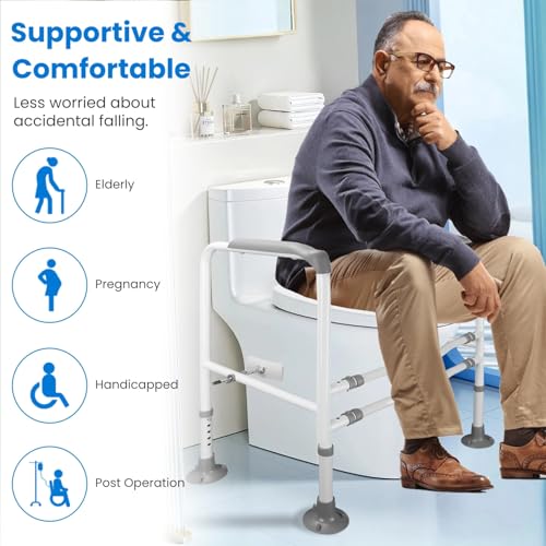 Toilet Safety Rails for Elderly 5 Adjustable Heights Width Stand Alone Toilet Safety Rails Frame Safe Stable Non-Slip Handles Hold Up to 441LBS Carbon Bathroom Steel Grey