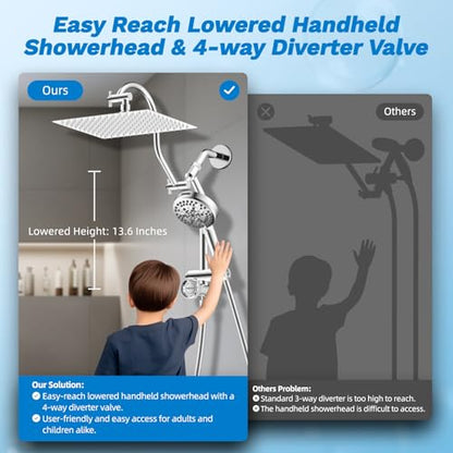 Hibbent High Pressue All Metal 12" Rainfall Shower Head, Handheld 10-Spray | cUPC Certified Chrome Dual Showerhead Combo, 4-way Diverter with Pause Mode, Brass Extension Arm, 71'' Shower Hose & Holder - color: Chrome, style: Square 12"