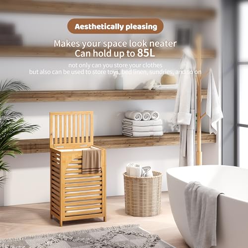 Laundry Hamper with Lid (16.9 * 13 * 26.5inches) Large Bamboo Laundry Bin Basket 85L Clothes Hamper with 1 Removable Bag Storage baskets for Bathroom(Natural) - color: Natural