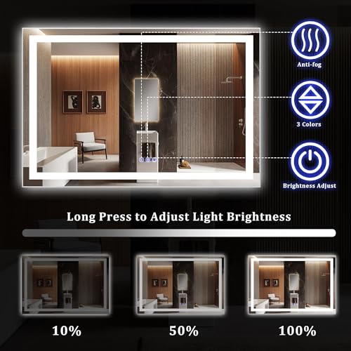 55"x 30" LED Bathroom Mirror Backlit & Front Lit Lighted Vanity Mirror with Lights for Wall, 3 Color Dimmable, Anti-Fog, Adjustable Brightness, Shatterproof Tempered Glass