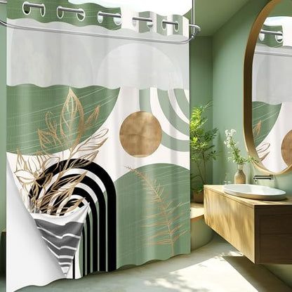 Sage Green Hookless Shower Curtain with Snap in Liner, Boho Mid Century Black and Light Green No Hook Double Layer Shower Curtains and Liner Set, Waterproof Cloth Fabric，71" W X 77" L - color: Green, size: 71"W x 77"L (Pack of 1)