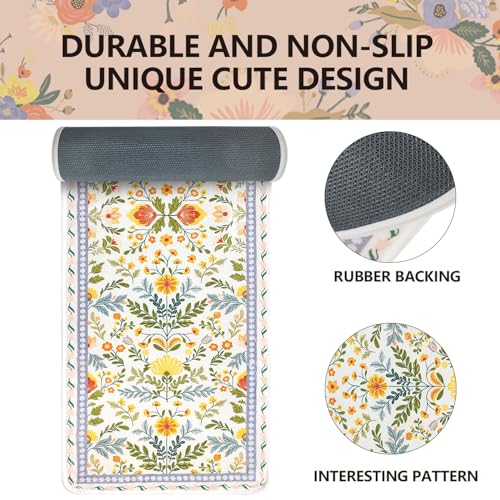 BBSET Sage Green Floral Bathroom Rug 47 * 16inch Long Plant Bath Mat for Shower Non Slip Absorbent Cute Leaf Bath Rugs (Yellow Flower) - color: Yellow Flowers