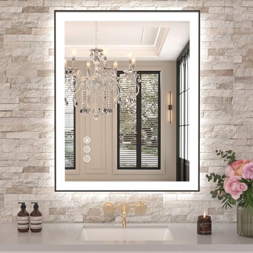Amorho LED Bathroom Mirror, 24"x32" Frontlit&Backlit, Controlled Separately | Black Metal Frame, Stepless Dimmable, Anti-Fog, HD Reflection, Shatter-Proof, 3 Colors Lighting, Memory, UL Listed - color: Front and Backlit With Frame(separate Dimming), size: