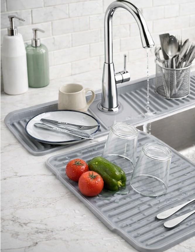 Silicone Faucet Splash Guard Mat Set, Sink Water Catcher Tray, Dish Drying Mat for Kitchen Counter, Absorbent, Non-Slip, Easy Clean. Kitchen Sink Splash . - color: Mix Gray