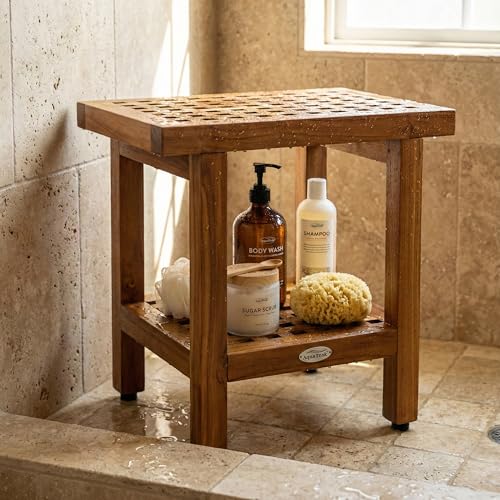 The Original 18" Grate Teak Shower Bench with Shelf - A. Bench | Durable, Water-Resistant Teak, Shower Chair & Shaving Foot Rest, Indoor/Outdoor Use