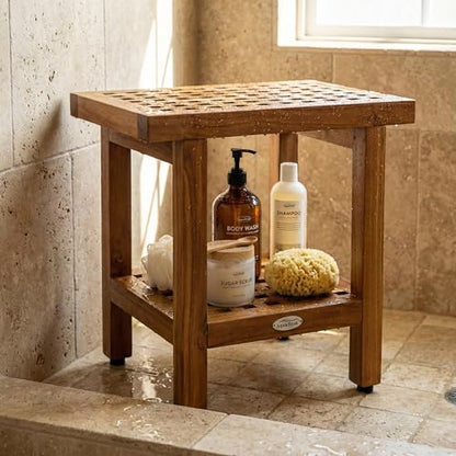The Original 18" Grate Teak Shower Bench with Shelf - A. Bench | Durable, Water-Resistant Teak, Shower Chair & Shaving Foot Rest, Indoor/Outdoor Use