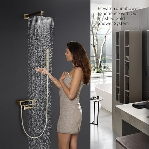 10" Square Rainfall Bathtub and Shower Trim Systems with Rotating Handheld Sprayer, Foldable Tub Spout, Wall-Mounted, Solid Brass Valve with Shampoo Platform- Brushed Gold (Square, Brushed Gold) - style: Square