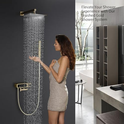 10" Square Rainfall Bathtub and Shower Trim Systems with Rotating Handheld Sprayer, Foldable Tub Spout, Wall-Mounted, Solid Brass Valve with Shampoo Platform- Brushed Gold (Square, Brushed Gold) - style: Square